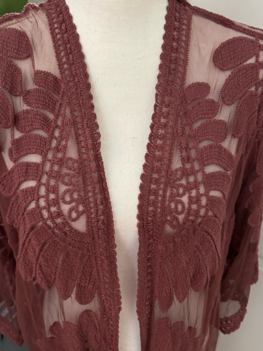 Boho Crochet Sheer Kimono Duster in Dusty Rose Size M/L - Picture 3 of 7